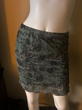 Floral Butterfly Print Olive Green Mini Skirt